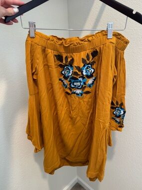 Shyanne Mustard Yellow Dress with Blue Floral Embroidery